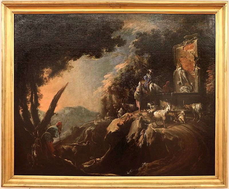 Paesaggio con pastori, cavaliere e armenti presso una fontana
